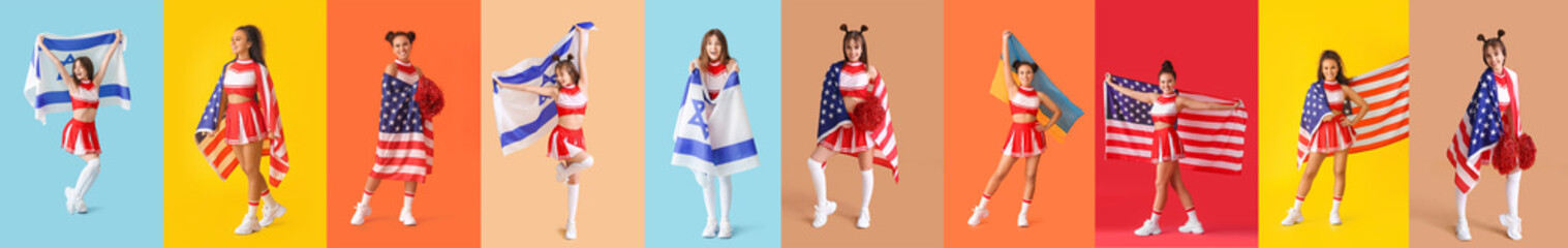 Sticker - Collage of emotional cheerleaders with different flags on color background