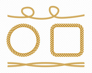 Gold silk cords, round and square frames of satin rope, golden threads, decorative sewing items isolated on transparent background. Tie borders, curve and twisted bows, Realistic 3d vector set