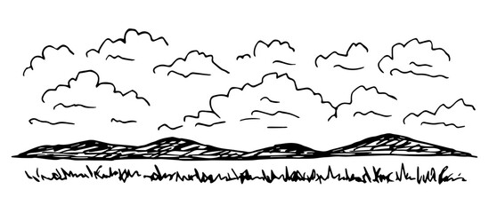 Wall Mural - Simple hand-drawn vector drawing in black outline. Ink sketch. Clouds in the sky, mountains on the horizon, steppe grass, wild landscape, nature. Country trip, tourism and travel.