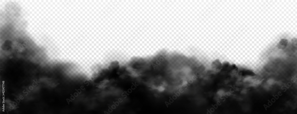 Black smoke clouds, dirty toxic fog or smog. Vector realistic illustration of dark steam, smoky mist from fire, explosion, burning carbon or coal. Black fume texture isolated on transparent background - obrazy, fototapety, plakaty 