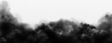 Black Smoke Clouds, Dirty Toxic Fog Or Smog. Vector Realistic Illustration Of Dark Steam, Smoky Mist From Fire, Explosion, Burning Carbon Or Coal. Black Fume Texture Isolated On Transparent Background