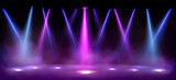 Stage lights, spotlight beams with smoke on black background, glowing studio or theater scene lamp rays, purple illumination on floor and ceiling for concert or show presentation, Realistic 3d vector