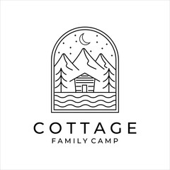 Wall Mural - cottage or cabin line art minimalist simple vector logo illustration design. badge cottage at mounta