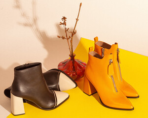 A set of women's shoes shot in the studio on yellow background in retro style with vase