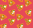 Spring seamless geometric pattern with the image of pizza, vegetables, food. Vector design for web banner, business presentation, brand package, fabric, print, wallpaper, postcard.