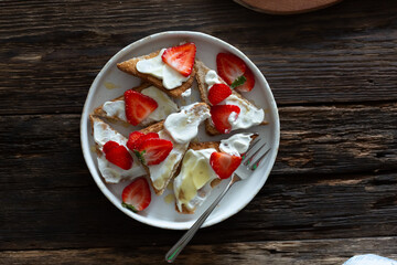 Wall Mural - Healthy food breakfast strawberry toast with butter cream