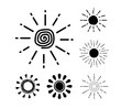 © kornetka - Sun icon set. Black silhouette sun collection. Summer, sunlight, nature, sky. Funny vector doodle suns.