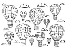 Hot Air Balloon And Cloud Set. Hand Drawn Outline Doodle. Vector Illustration