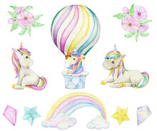 Unicorns, Balloon, Bouquet Of Flowers, Crystals, Rainbow Clouds, Stars. Watercolor Set, On An Isolated Background, Fabulous Animals, In Cartoon Style.
