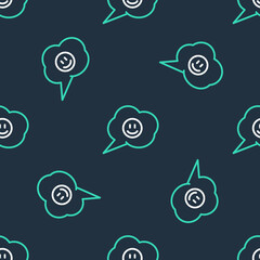 Poster - Line Speech bubble with smile face icon isolated seamless pattern on black background. Smiling emoticon. Happy smiley chat symbol. Vector