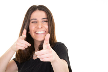 Wall Mural - happy smiling beautiful young woman showing thumbs up sign finger isolated in white background