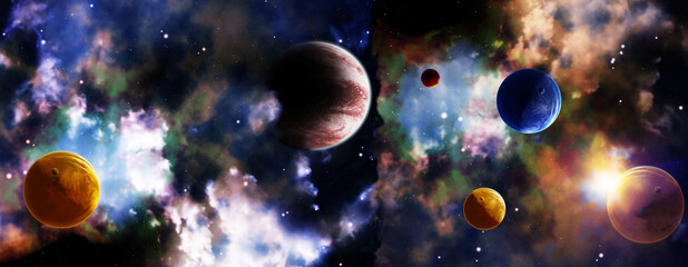 Wall Mural - space scene with planets and nebula