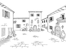 Old Town Square Street Graphic Black White Town Landscape Sketch Illustration Vector