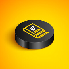 Sticker - Isometric line Medical book with leaf icon isolated on yellow background. Black circle button. Vector