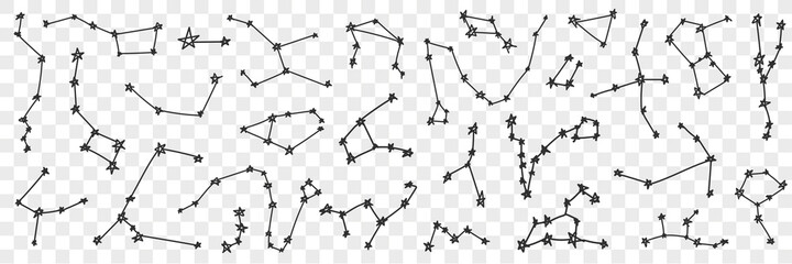 Wall Mural - Star constellation on sky doodle set. Collection of hand drawn various sky star constellation of different shapes bright shining isolated on transparent background