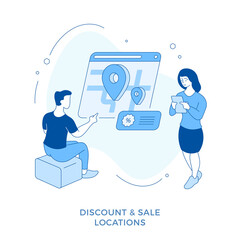 Poster - Discount and sale locations. Linear flat illustration. Male and female cartoon characvters searching store locations using web application. Shopping online