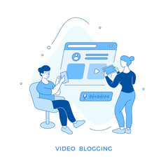 Poster - linear flat video blogging concept illustration. male and female cartoon characters making content f