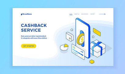 Poster - Cashback service. Landing page website banner template. Vector isometric illustration of smartphone with coin near credit card and gift box representing beneficial cashback service