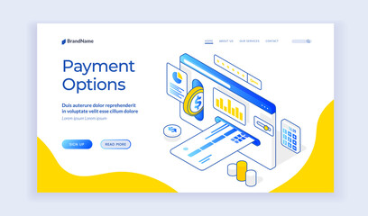 Poster - Payment options. Vector isometric illustration of credit card and coin inserted in website page. Web banner, landing page template