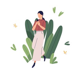 Poster - App user care. Concept of positive friendly environment in usable convenient mobile application. Woman using smartphone. Colored flat graphic vector illustration isolated on white background