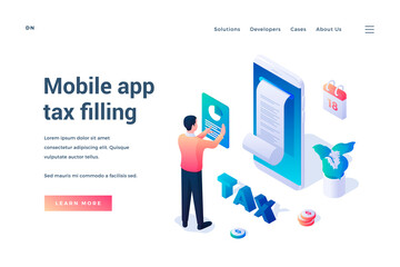 Poster - Phone tax filling. Isometric vector illustration. Man standing in front of huge smartphone and filling tax form online using mobile application. Web banner. Landing page template