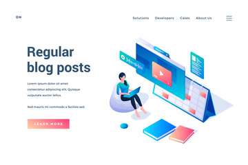 Poster - Regular blog posts. Social networking. Isometric vector illustration. Woman sitting in bean bag and working online making content for blog. Landing page template. Web banner