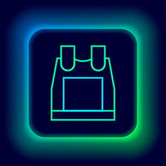 Sticker - Glowing neon line Bulletproof vest for protection from bullets icon isolated on black background. Body armor sign. Military clothing. Colorful outline concept. Vector