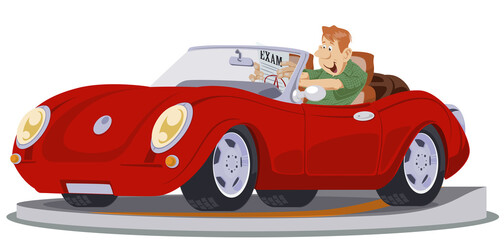 Wall Mural - Man drives cabriolet. Male at driving lesson. Driver's license. Illustration for internet and mobile website.