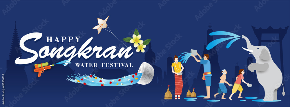 Thailand's Water Festival, Songkran Banner with people splashing water. Vector - obrazy, fototapety, plakaty 