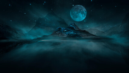 Wall Mural - futuristic fantasy night landscape with abstract landscape and island, moonlight, radiance, moon, ne