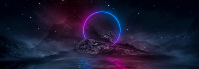 Futuristic fantasy night landscape with abstract landscape and island, moonlight, radiance, moon, neon. Dark natural scene with light reflection in water. Neon space galaxy portal. 3D illustration. 