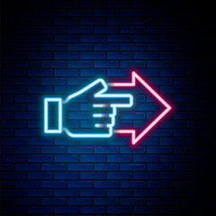 Sticker - Glowing neon line Hand with pointing finger with arrow icon isolated on brick wall background. Business vision and target. Concept business finance, character, leader. Colorful outline concept. Vector