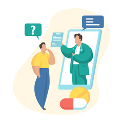 Poster - Online medical consultation. Smartphone screen with male therapist communicating with patient. Telemedicine, telehealth. Online doctor diagnostics remotely. Flat vector illustration