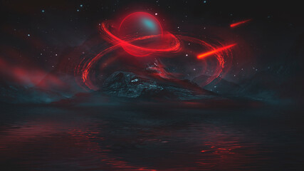 futuristic fantasy night landscape with abstract landscape and island, moonlight, radiance, moon, ne