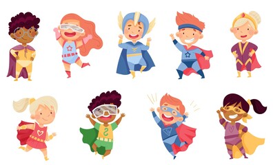 Wall Mural - Kids Wearing Costumes of Superhero Pretending Having Powers for Fighting Crime Vector Set