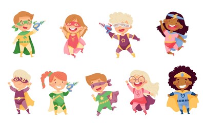 Wall Mural - Kids Wearing Costumes of Superhero Pretending Having Powers for Fighting Crime Vector Set