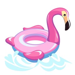 Wall Mural - flamingo swimming. inflatable beach or pool rubber toy, summer bright pink bird float, sea ring with