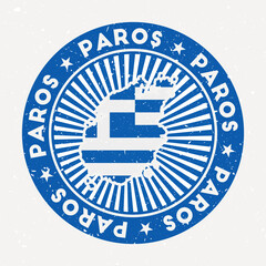 Wall Mural - Paros round stamp. Logo of island with flag. Vintage badge with circular text and stars, vector illustration.