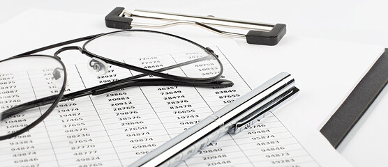 Poster - Business paper chart ,pen ,glasses on white background