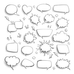 Fototapete - Thought bubble. Comic cartoon empty talk and speech balloons or clouds for fun discussion message. Halftone dotted background, discussion banners in pop art style vector blank frames set