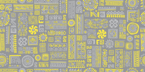 Wall Mural - Ethnic handmade ornament, seamless pattern. Trend Pantone color 2021 - yellow and grey