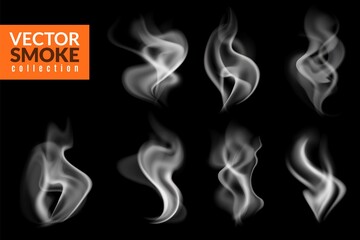 White smoky wisps. Realistic evaporation and burning traces collection, hot food steam, cigarette or hookah vapor, smoking texture isolated on black background, fog and mist vector set