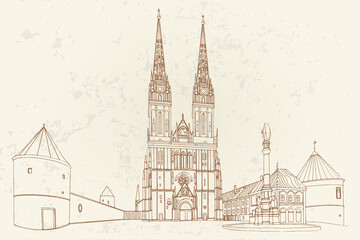 Wall Mural - Vector sketch of Cathedral in Zagreb, Croatia