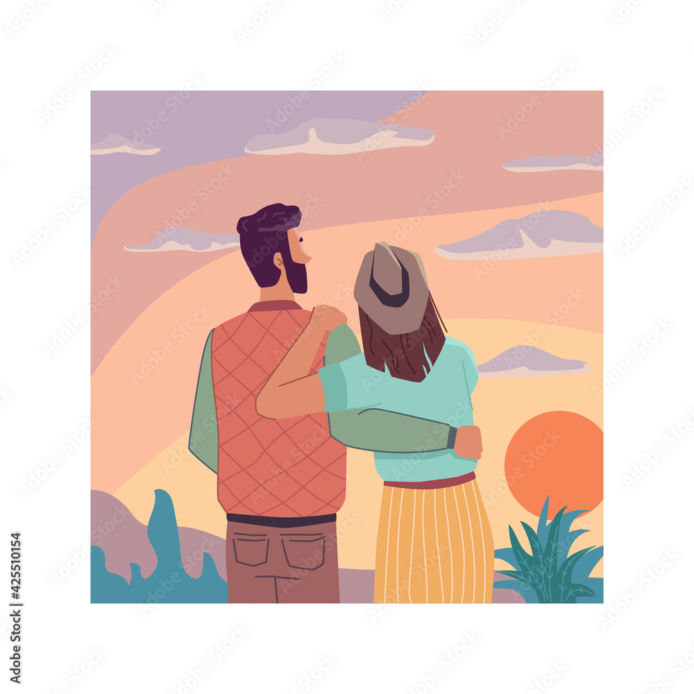 Sunrise or sunset landscape, flat cartoon travel people looking at sky, back view. Vector couple in love observation nature and dreaming together. Evening dreams, inspiration and imagination - obrazy, fototapety, plakaty 