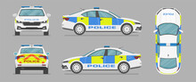 Vector UK Sedan Auto. English Police Car. Side View, Front View, Back View, Top View. Cartoon Flat Illustration, Auto For Graphic And Web