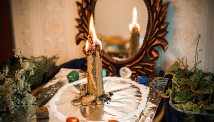 Magic illustration, Mystical atmosphere, stuff on the table, esoteric concept, fortune telling and predictions	