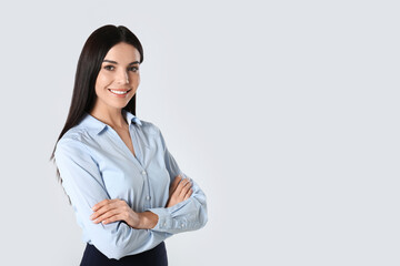 Sticker - Portrait of young businesswoman on white background. Space for text