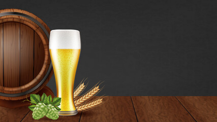 Wall Mural - Glass of beer, wooden cask, fresh hops and ripe barley. Vector illustration.