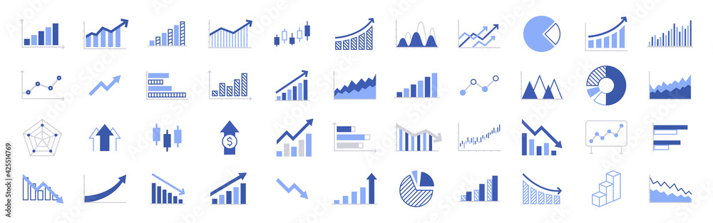 Business graphs and charts icons. Business infographics icons. Statistic and data, charts diagrams, money, down or up arrow, economy reduction. Financial chart. Vector illustration. - obrazy, fototapety, plakaty 