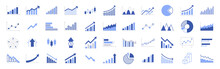 Business Graphs And Charts Icons. Business Infographics Icons. Statistic And Data, Charts Diagrams, Money, Down Or Up Arrow, Economy Reduction. Financial Chart. Vector Illustration.